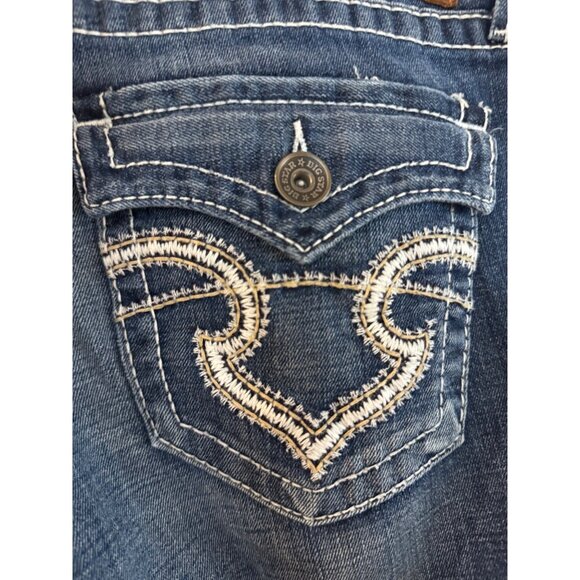 Big Star Remy Womens 32 Low Rise Bootcut Denim Jeans Distressed Wash Blue Stitch - Picture 4 of 5